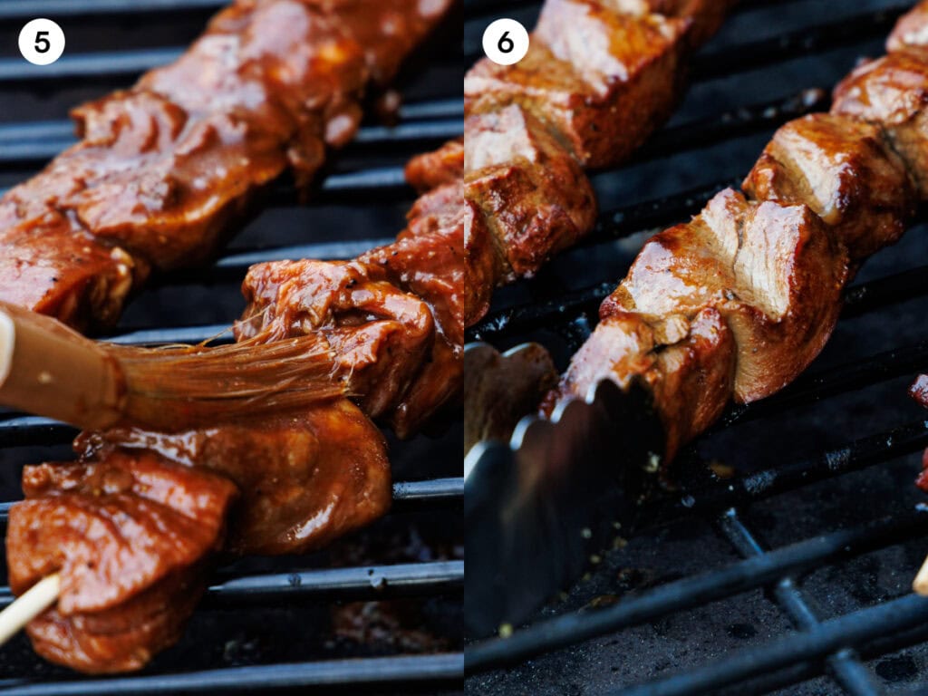 A collage of two photos showing steps for cooking steak kabobs. The first image is step five showing the steak kabobs being cooked and brushed with marinade on a grill. The second image is step six showing the kabobs being cooked on the grill.
