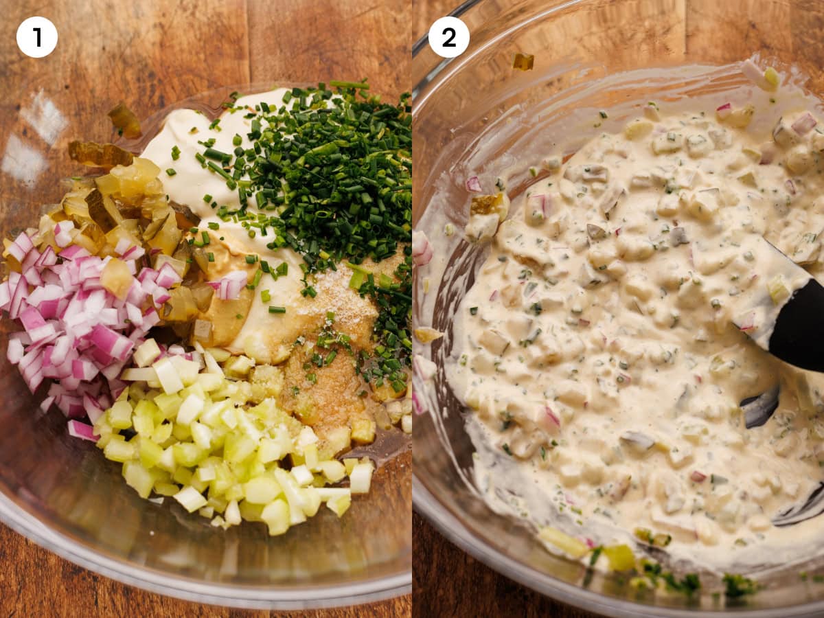 A collage of two photos showing steps for making potato salad dressing. The first photo, labeled step one, shows mayonnaise, mustard, chopped chives, diced red onion, chopped dill pickles, sliced celery, and seasonings arranged in a glass mixing bowl before stirring. The second photo, labeled step two, shows the same ingredients stirred into a thick, creamy dressing flecked with green herbs and red onion, with a black spatula in the bowl.