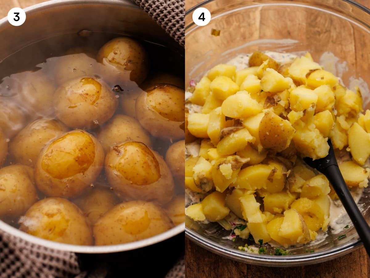 A collage of two photos showing steps for cooking the potatoes for potato salad. The first photo, labeled step three, shows whole baby potatoes simmering in a pot of steaming water. The second photo, labeled step four, shows the cooked potatoes, broken into rough chunks, piled on top of the creamy dressing in a glass bowl with a black spatula.